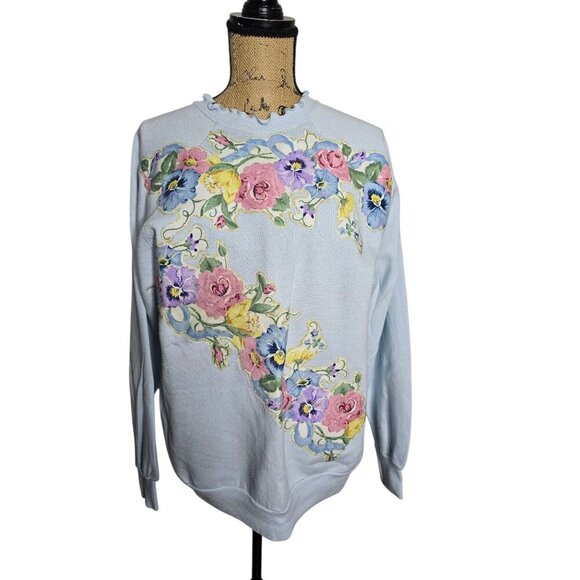 Vintage Grannycore FLoral Ruffled Crewneck Sweatshirt Tultex - Picture 1 of 16